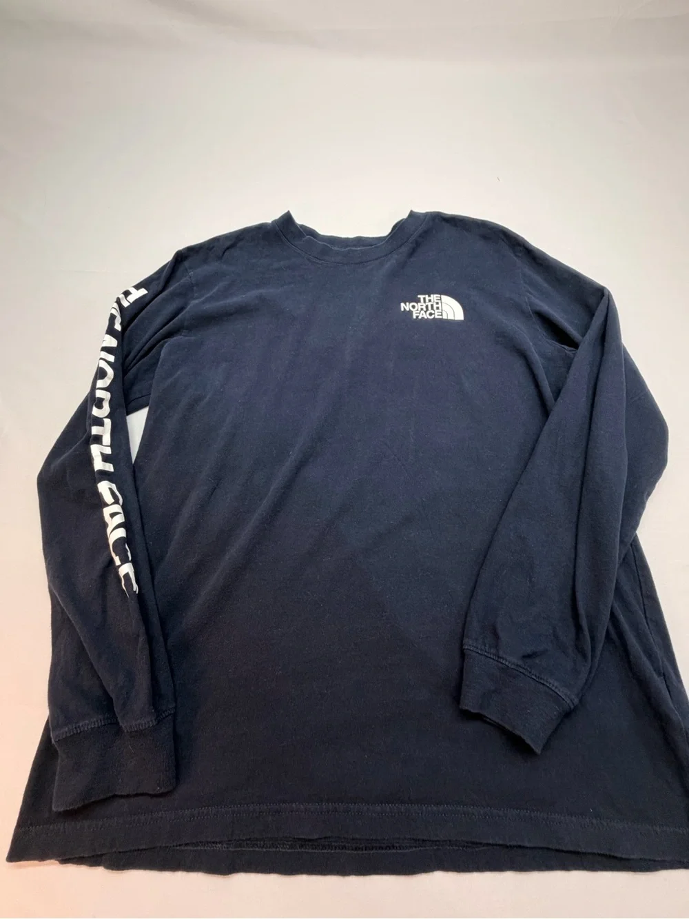 The North Face Men’s Long Sleeve Shirt Navy Blue Logo Sleeve Graphic Crewneck